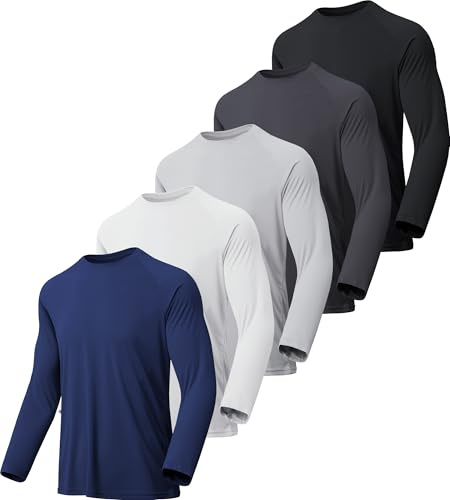 miijoory Långärmade skjortor för män, snabbtorkande, fukttransporterande, solskydd, långärmade t-skjortor för träning, löpning, 5-pack, svart, mörkgrå, marinblå, vit, ljusgrå, XXL