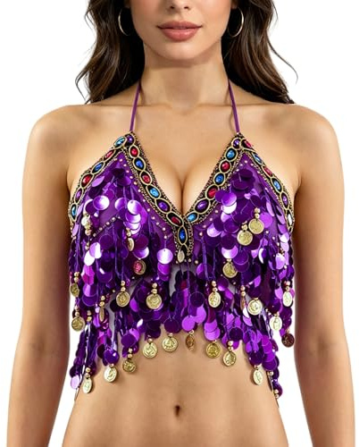 Baisdan Haut à Paillettes Femme, Top Scintillant Décolleté Nuque pour Festival, Fêtes et Danse du Ventre Violet