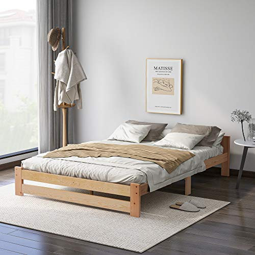 Lcoho Solide Massivholzbett Futonbett Massivholz Natur Bett aus mit Kopfteil und Lattenrost, Natur (140x200cm)