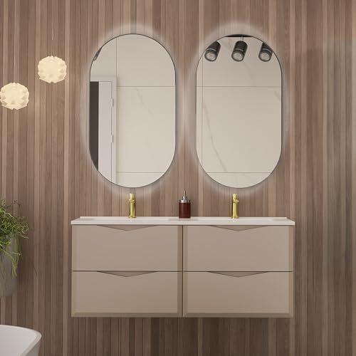 Lomadox Badezimmermöbel Set 3-teilig inkl Doppelwaschtisch 2 Spiegel mit LED Beleuchtung Waschbeckenunterschrank modern in Kaschmir