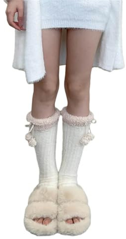 JK Girl Thermo-Beinstulpen für den Winter, Pelzbesatz, Schleife, Korallen-Fleece, gerippt, lange Socken, weiß, Einheitsgröße