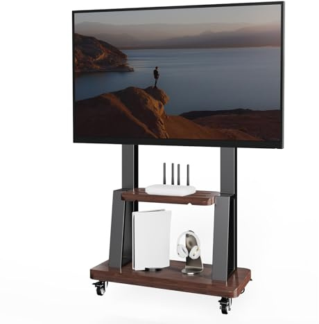 Hovadova Mobile TV Cart for 32-75 Inch Flat/Curved LED/LCD/OLED TVs, Height Adjustable Rolling TV Stand with Wheels, Heavy Duty Portable Floor TV Stand with Steel Shelf Base, Holds up to 180lbs