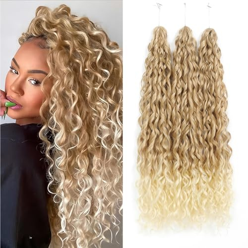 Extension per capelli ricci all'uncinetto, 61 cm, confezione da 3 pezzi, ondulati profondi, sintetici, stile bohémien, trecce con acqua, per donne (T27/613, 61 cm, confezione da 3 pezzi)