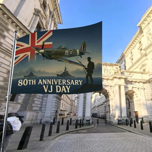 2025 VJ Day 80th Anniversary 3x5ft Flag Banner Decorations Memorabilia 80 Years Victory Japan, Patriotic Spitfire Decorations for Victory, Armed Forces Day RAF WW2 1945 Union Jack
