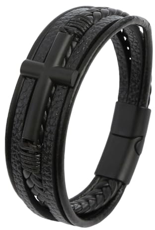 HUIANGLIYG Armband Herren, Geflochtene Echtlederarmbänder für Herren mit Schwarzem Kreuz, Mehrlagig, Handgefertigt, Gewebt, Religiöser Armreif, Vintage Manschette, Schmuck, Geschenkidee Zum Vater