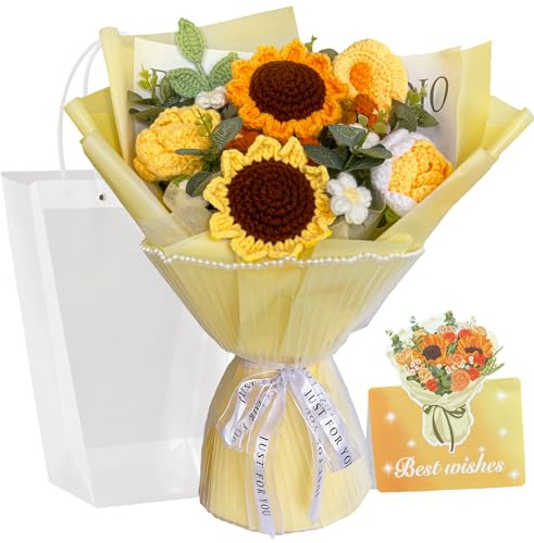 Crochet Flower Bouquet, Handmade Knitted Flower, Crochet Sunflowers Rose Calla Lily Flowers for Graduation Gifts Mother's Day Weddings Birthday Party Home Decor Ideal for Wife Lover Friends (Yellow)