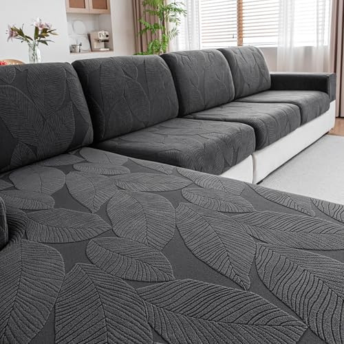 OHSIO Sofa Überzug – Universeller elastischer Sofabezug für Sitzkissen, rutschfest, waschbar & pflegeleicht, ideal für Sofa-Schutz(Dunkelgrau/Blattmuster, 1x Chaiselongue-Bezug)