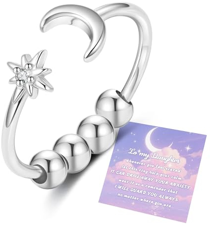 Senteria Anxiety Rings for Women Girls 925 Sterling Silver Thumb Rings Adjustable Open Rings with Spinner Beads Moon Star Fidget Ring for Daughter Gifts from Mum With Inspirational Card