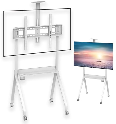 Soporte móvil para TV con ruedas con almacenamiento para televisores de 42 a 120 pulgadas, altura ajustable de 50 a 60 pulgadas, soporta hasta 330 libras, soporte portátil de TV 4K con estante para