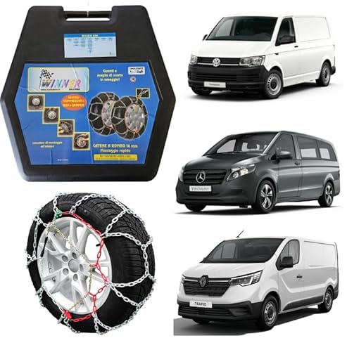 Schneeketten 16 mm Kompatibel mit Transporter, Vito und Trafic 205/65 R15 und 195/65 R16 und 215/65 R15 Zugelassen TÜV und GS ÖNORM Spezielle Verstärkte Maschen Antirutsch Maximaler Halt