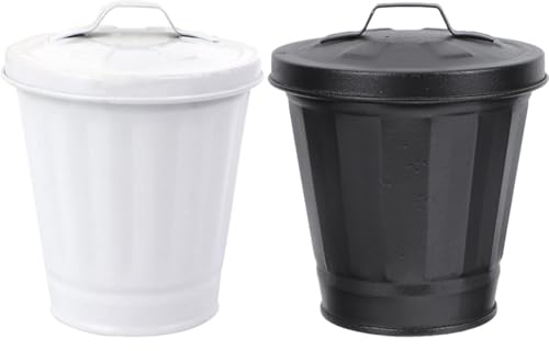 SEWACC Lot de 2 Mini Poubelles de Bureau en Métal Galvanisé Poubelles Décoratives Blanches et Noires Porte-Poubelle Compact pour Table Bureau Salle de Bain et Petits Espaces Style
