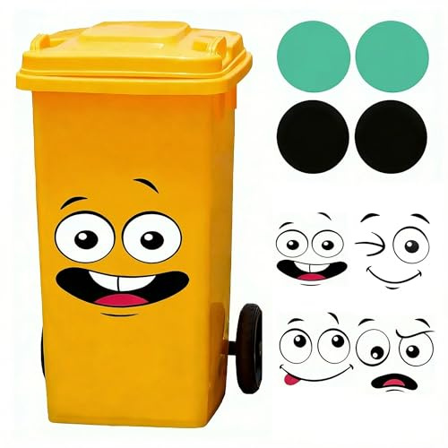Funny Expressions Wheelie Bin Stickers, 4 Pack Adhesive Cartoon Expressions with Recycling Stickers, Bin Decal Eyes and Mouth DIY Stickers for Wheelie Bins Dustbin Wall Indoor Outdoor