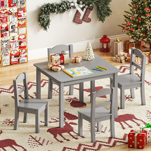 DOREROOM Wooden Kids Table and 4 Chairs, Multi-Activity Toddler Table and Chairs Set, Kids Table and Chairs Set for Arts, Crafts and Snack Time, Toddler Activity Table and Chairs for Age 3-8 (Gray)