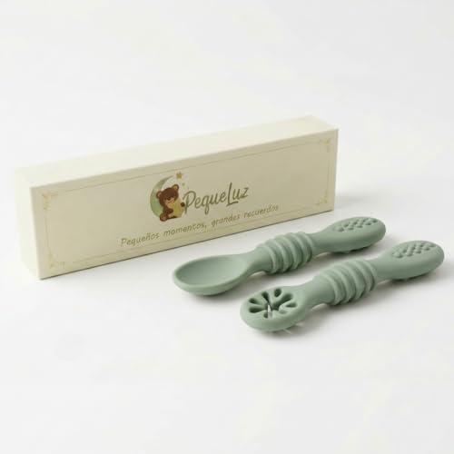 Baby Löffel 6 Monate BLW – 2er Set Babybesteck Silikon LFGB BPA-frei | Lernlöffel Anti-Verschlucken | Leichter Griff | Selbstständiges Essen | PequeLuz (Grün)
