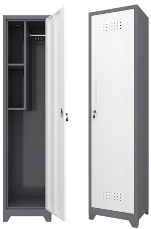 Metal Storage Cabinet, 65 Tall Garage Storage Cabinet with Lockable Doors, Utility Broom Closet for Mop Storage, Steel Tool Cabinet with Shelves for Laundry Room & Home Office, White/Grey