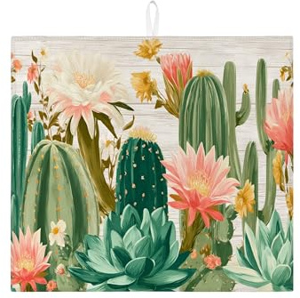 Tapete de secado de platos floral de cactus para encimera de cocina, tapete escurridor de platos absorbente de suculentas verdes, almohadilla de secado de microfibra tropical de verano para encimera