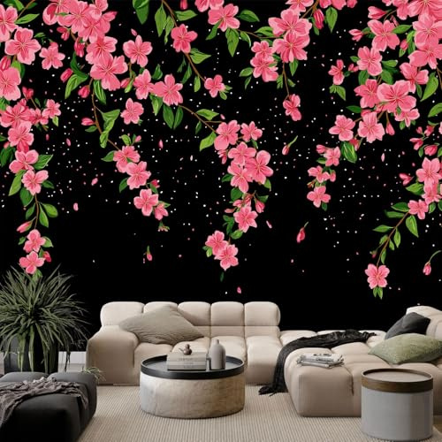Generico Arte Giapponese Fotomurale 3D Carta Da Parati Pianta Ciliegi In Fiore 250 x 175 cm, Carta Da Parati Camera Letto Moderna Fotomurali Nero Murales Poster Gigante Moda Decorazione Da Muro