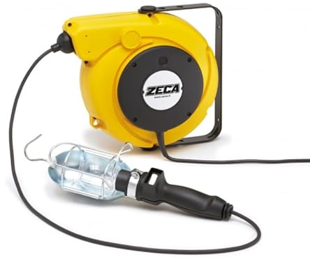 ZECA Avvolgicavo Automatico con Lampada Portatile, Struttura Antiurto, Staffa Metallica Orientabile, Gabbia in Acciaio, Attacco E27, Modello 5907/T306