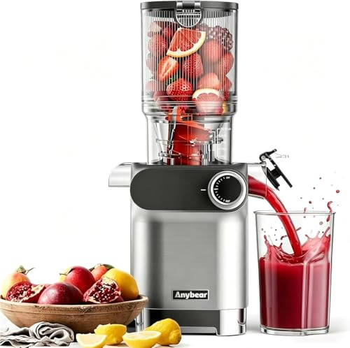 Anybear Cold Press Juicer, 200W Masticating Slow Juicer 4.3 Large Feed Chute Fit Whole Fruits Vegetables | Upgraded Auger | Tritan Materials | BPA Free | Juice Recipes (Silver)