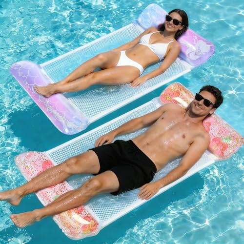 dellyy 2 Stück Wasserhängematte, Luftmatratze Pool mit Netz, Aufblasbare Schwimmende Wasser Hängematte mit ihren glänzenden Pailletten, Luftmatratze für 2 Personen (Meerjungfrauen und Blumen)