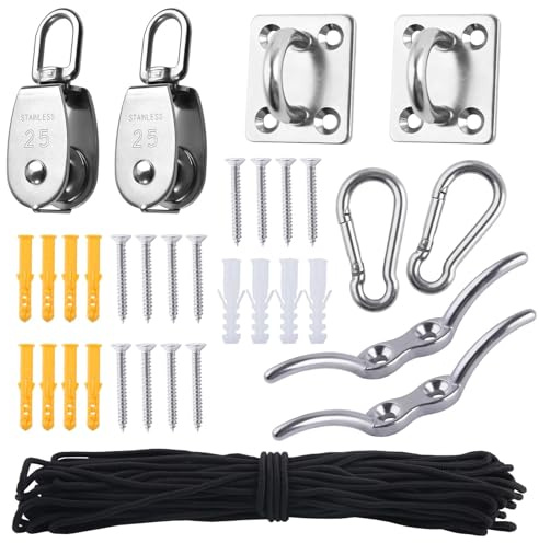 LEONTOOL M25 Stainless Steel Pulley System Kit 9 Piece Set, Heavy Duty 304 Single Pulley Block and Tackle with Nylon Rope, Eye Pad Plate, Cleat Hook, Smooth Bearing for Lifting Hanging DIY Garage Use
