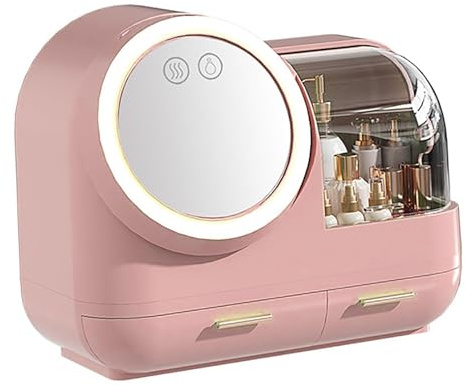 Makeup Organizer with Mirror and Fan, Cosmetic Storage Display Case with LED Light for Bathroom and Vanity