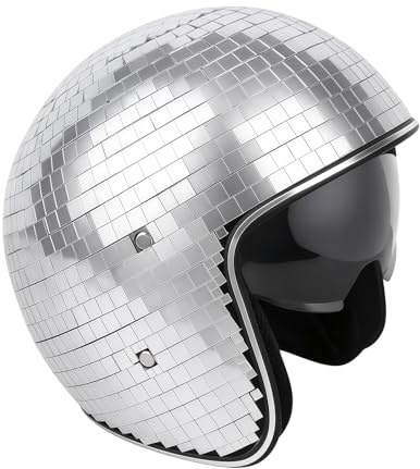 NAUZE Silver Disco Ball Helmet with Retractable Visor Glitter Mirror Glass Disco Helmets Punk Costume Hat for Club Bar Party Art Decoration Novelty Accessory