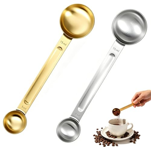 2-Piece Coffee Measuring Spoon Set, Double-Ended Stainless Steel Measuring Spoons (5ml/15ml), Metal Tablespoon Measure for Baking and Cooking (Gold and Silver)