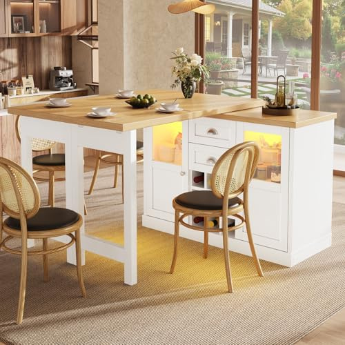 YEHTOKHOME - Isla central de cocina con almacenamiento y encimera, mesa de comedor extensible de 120 a 197 cm rotativa a 360 °, 2 cajones y 2 puertas con LED, bodega, mesa de bar (G-blanco)