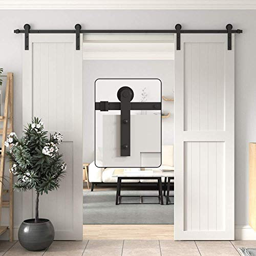 WINSOON 9FT Barn Door Hardware Kit: Double Sliding Door Hardware - Heavy Duty Black Barn Door Track Kit - Carbon Steel Sliding Barn Door Rail - I-Shape Easy to Install for 59 Closet Panel