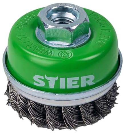 STIER Topfbürste Edelstahl, gezopfter Draht, für Winkelschleifer, Ø 65 mm, M14, Drahtstärke 0,5 mm, Drahtbürste-flex, Winkelschleifer-Zubehör, Stahlbürste, Drahtbürstenaufsatz