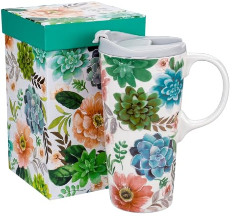 Topadorn Ceramic Travel Mug 17oz with Lid & Gift Box, Succulent Botanical | Microwave & Dishwasher Safe, Fits Car Cup Holders, Large 500ml Capacity, Natural Coffee Taste, Ideal for Home and Office Use
