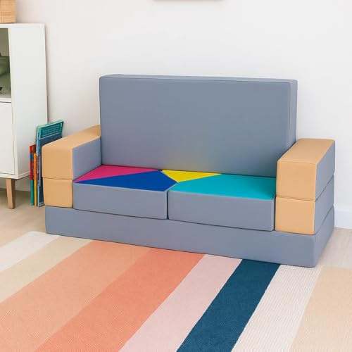 millybo Spielsofa 4in1 Couch Kindersofa Puzzle Kinderzimmersofa Spielmatratze fürs Kinderzimmer Kindermöbel Spielpolster (grau/beige)