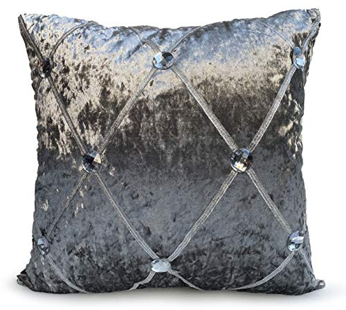 cushion mania Luxury Crushed Velvet Cushion Cover with Diamante Design – Silver, 17x17 (43x43cm) – Soft Plush Decorative Pillow Case for Sofa, Bed & Living Room (Chesterfield Silver)