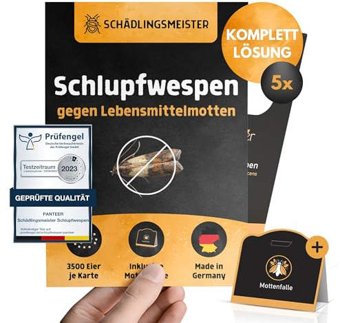 Panteer® Schlupfwespen gegen Lebensmittelmotten + GRATIS Mottenfalle - 15 Karten (5 Karten à 3 Lieferungen) - Schlupfwespen - Lebensmittelmotten Falle - Schlupfwespen gegen Motten - Made in Germany