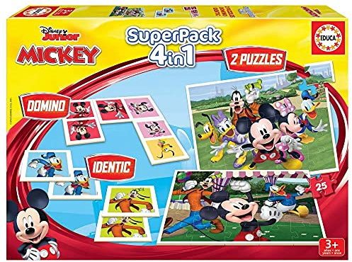 Educa - Superpack Mickey Mouse y Amigos 4 en 1 | Puzzles, Dominó, Memory Infantil | 2 Puzzles 25 Piezas, Dominó 21 fichas, Identic Memory | Juego Educativo niños 3 años (19099)