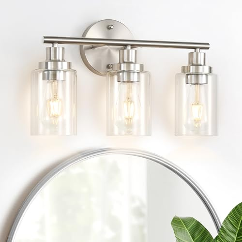 Apenath Vanity Wall Light Fixtures, Modern 3 Lights Wall Sconce with Clear Glass Shade, Brushed Nickel Farmhouse Wall Lamp for Bathroom Mirror Kitchen Porch Living Room Workshop (E26 Base)