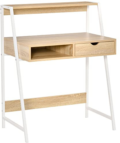 HOMCOM Oficina Secretaria Oficina Informática Estilo Neo-Retro Cajón Nicho Estante Metal Blanco Aspecto Roble Claro