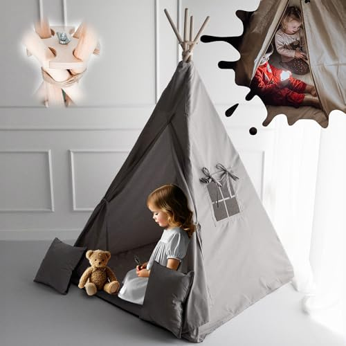 PaLulli® Tipi Zelt für Kinder aus 100% Baumwolle mit Kuschelmatte, Anti-Kollaps-System [Stabil], Camping-Hängelampe & 2 Dekokissen, Tippi Kinderzelt Teepee Spielzelt (Grau)