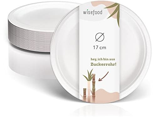 Wisefood Platos de caña de azúcar, 200 unidades, platos desechables de Bagaza, redondos, blancos, diámetro de 17 cm, ideales como platos de fiesta o platos llanos, vajilla de caña de azúcar