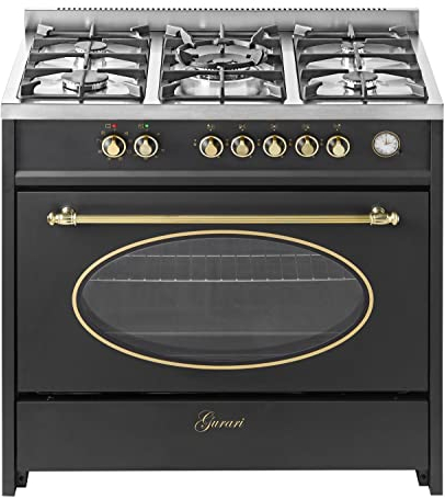 GURARI Gas Standherd Schwarz GCH E 914 BL Retro Gas Elektro Standherd 90 cm Nostalgie Range Coocker 121L | Heißluft | Grill | 5 Hochwertige Brenner | 4 kw WOK | Erdgas/Propangas | Inkl. WOK Adapter
