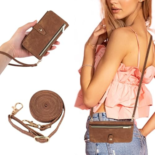 UEEBAI Handykette Hülle für Samsung Galaxy S20 FE 5G, 9 Kartenfäche Retro Leder Geldbörs Flip Case mit Umhängegurt Handschlaufe Standfunktion Wallet Reißverschluss Handyhülle – Braun
