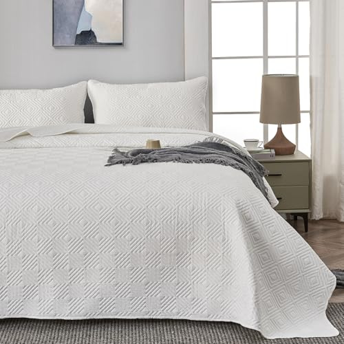 Qucover Tagesdecke Bettüberwurf 260x280cm Weiß, Bedspreads aus Mikrofaser, Bettüberwuf Set mit 2 Kissenbezügen 50x75cm, Steppdecke bei 3D-Ultraschal genäht, Sofaüberwurf Bettüberwurf Überwurfdecke
