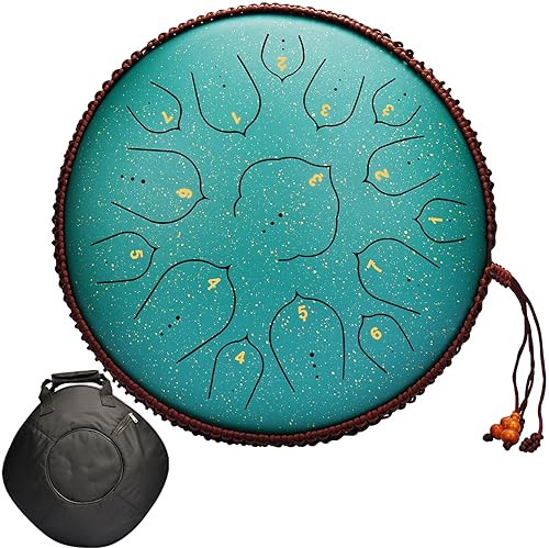 Steel Tongue Drum à 14 Pouces 15 Tons - Tongue Drum D Key Percussion Steel Drum Kit avec sac de Transport baguettes et Protège-Doigts pour Yoga, Méditation, Guérison Sonore (Vert)