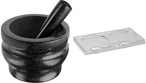 Cole & Mason H100279 Worcester Black Pestle & Mortar | Spice Grinder/Herb Grinder | Granite | 140mm & H306119 Ramsgate Clear Salt and Pepper Mill Tray | (H) 13mm x (W) 95mm x (D) 157mm