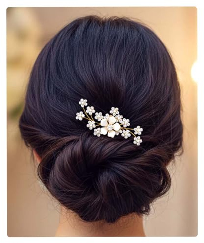 Flayem Braut Haarnadel mit Kristallen und Perlen, Blumendesign, Goldfarben, Hochzeit Haarschmuck