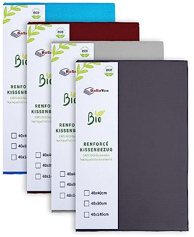BaSaTex Bio-Renforcé Kissenbezug, 2er Pack, 2X 40x145 cm, Uni Silber | Baumwolle, Reißverschluss, Seitenschläfer Kissen, 100% Bio-Baumwolle