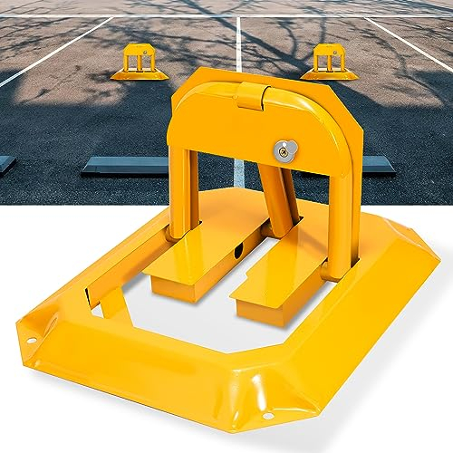 Eulenke Parkplatzsperre 1 Stück Parkplatzsperren mit 3 Schlüssel, Klappbar Parkbügel mit 4 Dehnschrauben, Universal Parkplatzblockierer Poller abschließbar aus Metall Gelb für, Parkplätze, Garagen