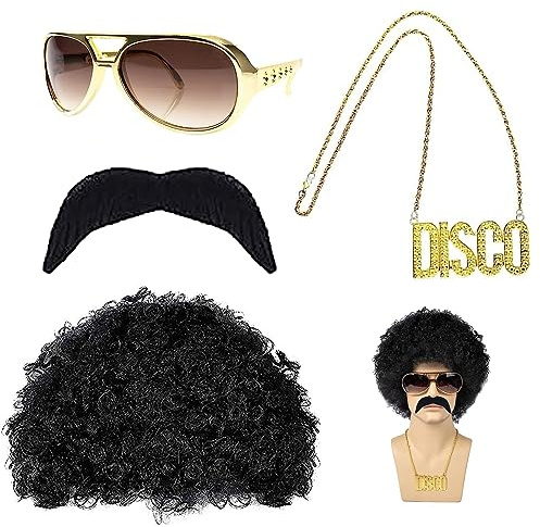 70er & 80er Jahre Outfits Herren - Hippie Kostüm mit Afro Perücke, Geeignet für Cosplay, Halloween & Kostümfeste (4 Stücke)