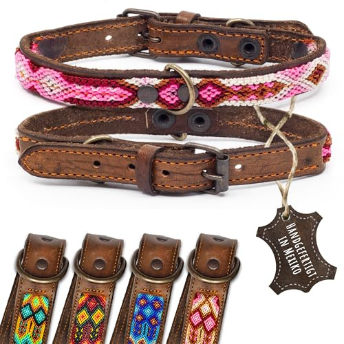 ALTEZAR Lederhalsband Hund - Doppelt Tribal Bestickt Rosa Weiß Pink Braun - Hochwertiges Hundehalsband Leder - Handgemacht in Mexiko - Größe XS - Halsband Hund für sehr kleine Hunde Leder breit
